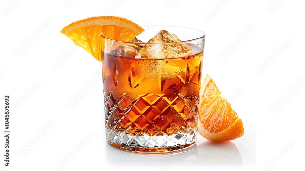 A refreshing brown alcoholic drink with ice cubes and an orange slice in a cut glass tumbler on a white background. A refreshing brown alcoholic drink with ice cubes and an orange slice in a cut glass tumbler on a white background.