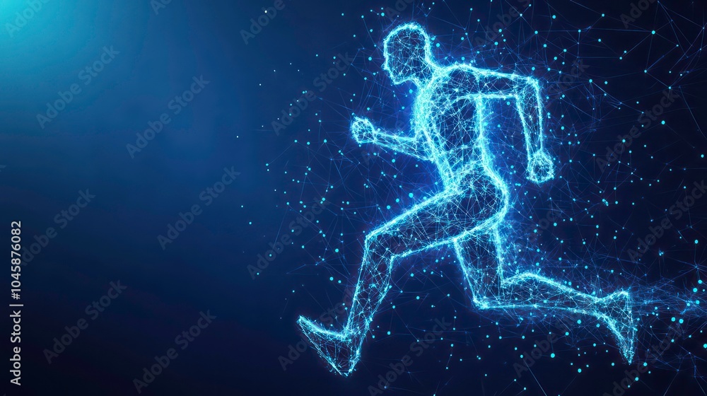 Abstract polygonal figure of a running man, glowing with blue light on a dark blue background. Abstract polygonal figure of a running man, glowing with blue light on a dark blue background.