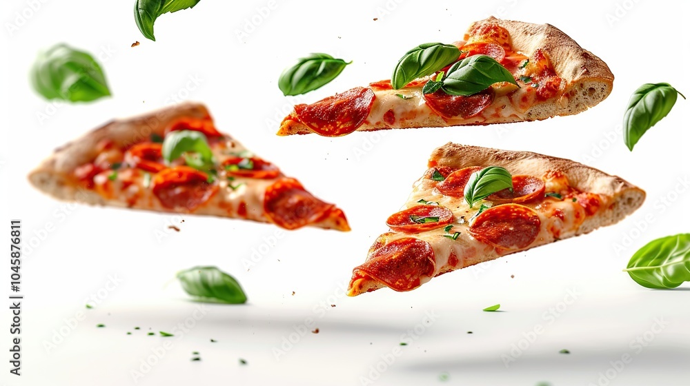 Three slices of pepperoni pizza with basil leaves falling from the sky on a white background. Three slices of pepperoni pizza with basil leaves falling from the sky on a white background.