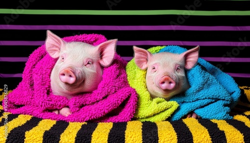 Kune Kune pigs lounging in cozy blankets, arranged on a studio backdrop filled with bold stripes and multicolored splashes of neon colors. photo