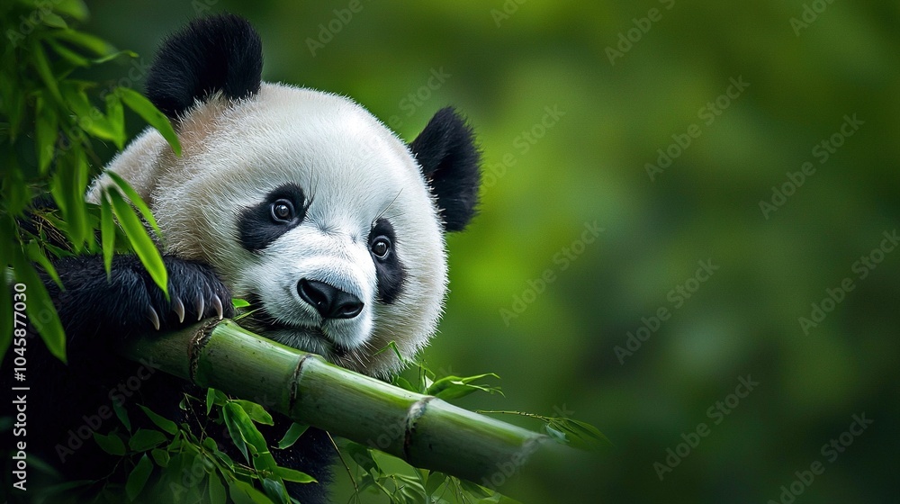 Fototapeta premium A panda bear rests its head on a bamboo stick while sitting atop a green leafy tree, perched on top of a bamboo branch