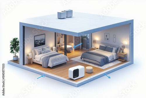 A detailed illustration of a home interior with two wireless mesh routers