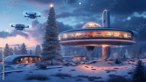  A sleek, futuristic floating house hovers above a snowy landscape, illuminated by soft lights. Drones fly nearby, adding to the high-tech and serene atmosphere of this winter wonderland. photo