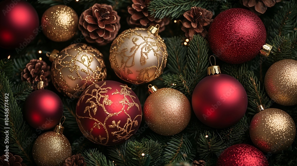 Festive holiday ornaments arranged among pine cones and evergreen branches on a winter evening Festive holiday ornaments arranged among pine cones and evergreen branches on a winter evening