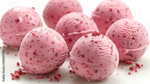 Six scoops of pink raspberry ice cream with bits of raspberry on a white surface.