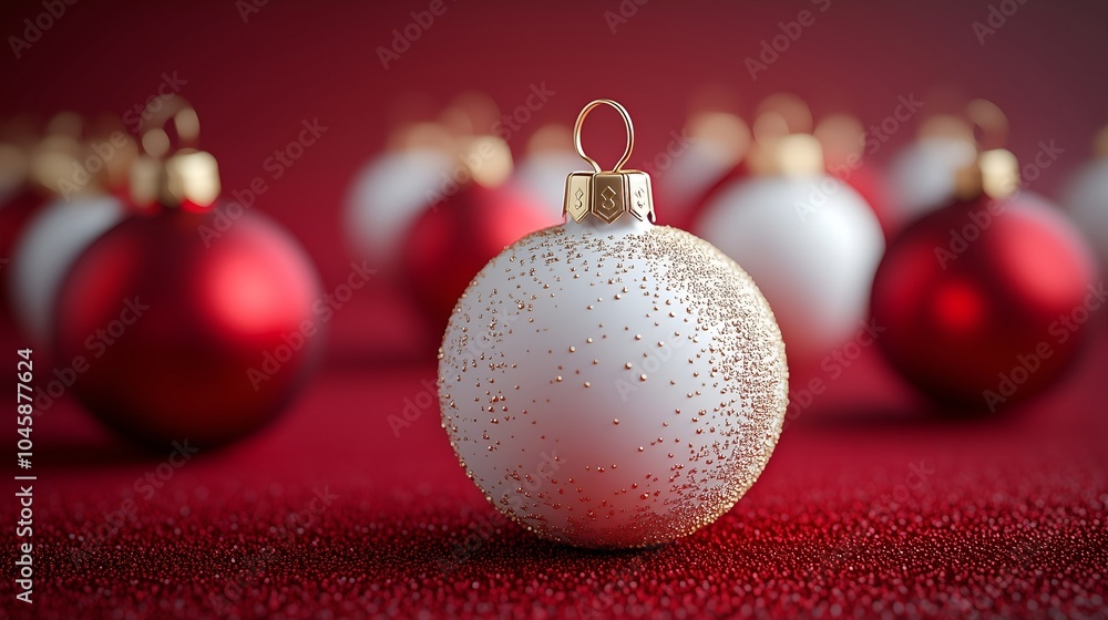Festive red and white Christmas ornaments arranged on a red background during the holiday season