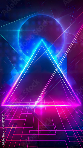 Neon Geometric Shapes and Abstract Futuristic Background with Glowing Triangle