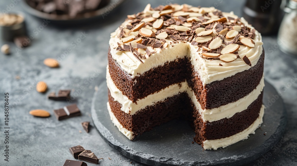 Chocolate almond cake with rich buttercream frosting, isolated on a gray stone plate, decorated with sliced almonds and chocolate shavings Chocolate almond cake with rich buttercream frosting, isolated on a gray stone plate, decorated with sliced almonds and chocolate shavings