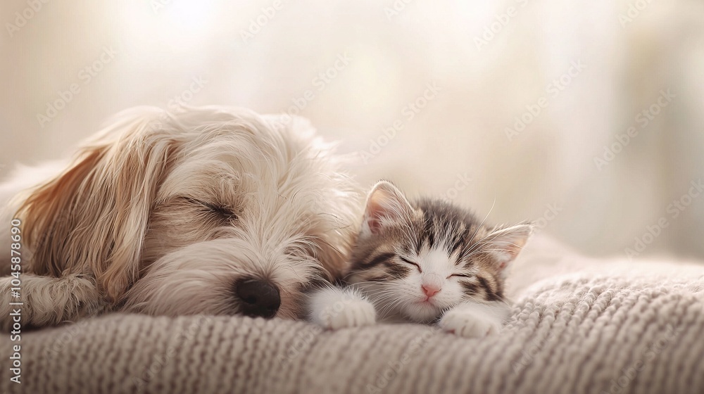 A cat peacefully reclines beside a dog on a sofa, with its head comfortably nestled on the dog's paw A cat peacefully reclines beside a dog on a sofa, with its head comfortably nestled on the dog's paw