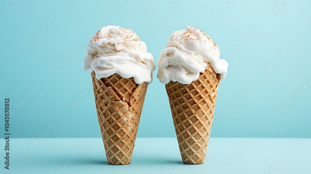 Two white ice cream cones with sprinkles on a blue background. Two white ice cream cones with sprinkles on a blue background.