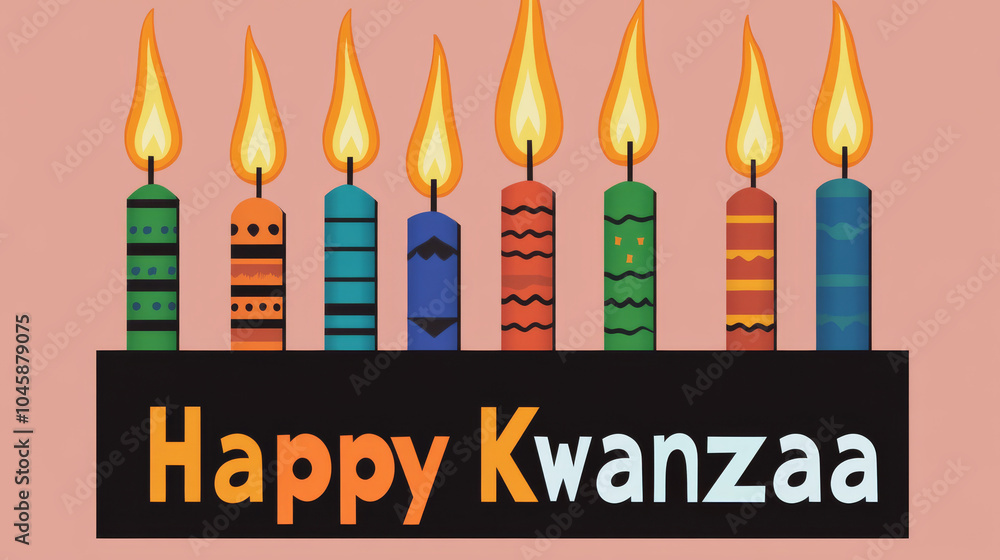 Happy Kwanzaa Candles: A vibrant illustration of the seven candles of Kwanzaa, each adorned with traditional African patterns, against a festive dark background. Happy Kwanzaa Candles: A vibrant illustration of the seven candles of Kwanzaa, each adorned with traditional African patterns, against a festive dark background.