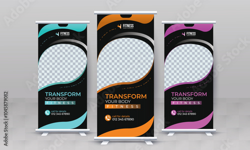 Fitness gym creative standee x rollup banner design vector template retractable bodybuilding advertisement signage