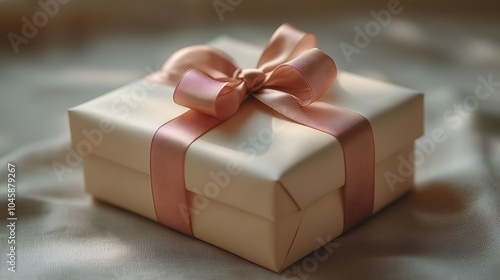 A beautifully wrapped gift box with a soft pink ribbon on a silky background in natural light