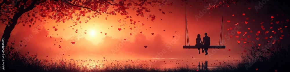 Silhouetted couple on a swing beneath a sunset sky amidst heart-shaped leaves, creating a romantic atmosphere. Silhouetted couple on a swing beneath a sunset sky amidst heart-shaped leaves, creating a romantic atmosphere.