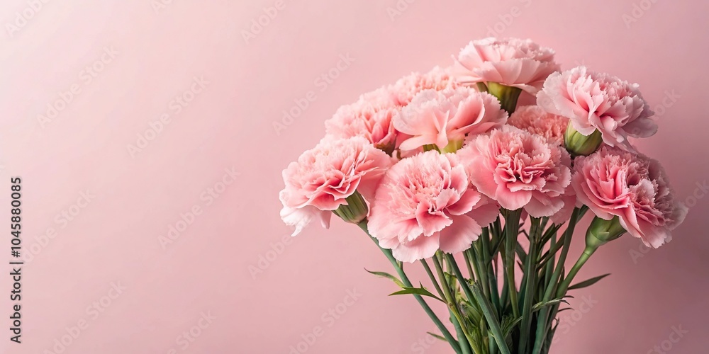Fototapeta premium Soft filter enhances pink carnation flowers bouquet on light pink background silhouette