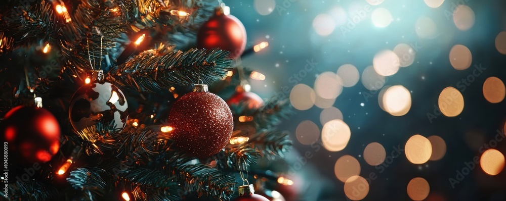 Christmas tree with red baubles and glowing lights. Christmas tree with red baubles and glowing lights.