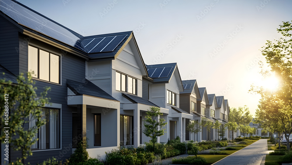 A row of modern townhouses with gray roofs and white walls, under the bright sun in an urban area The focus is on one house that has solar panels on its roof Generative AI A row of modern townhouses with gray roofs and white walls, under the bright sun in an urban area The focus is on one house that has solar panels on its roof Generative AI