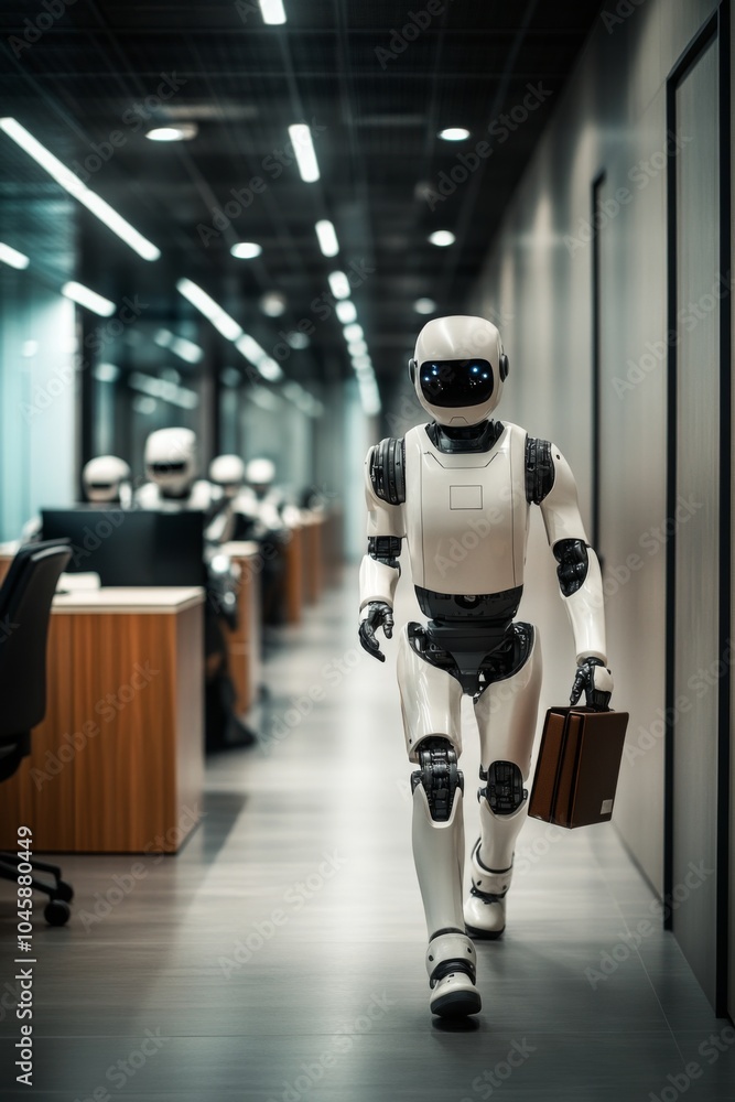 Futuristic Office Scene: Humanoid Robot Carrying Briefcase, Walking Through Modern Workspace, Surrounded by Other Robots in a High-Tech Environment Futuristic Office Scene: Humanoid Robot Carrying Briefcase, Walking Through Modern Workspace, Surrounded by Other Robots in a High-Tech Environment