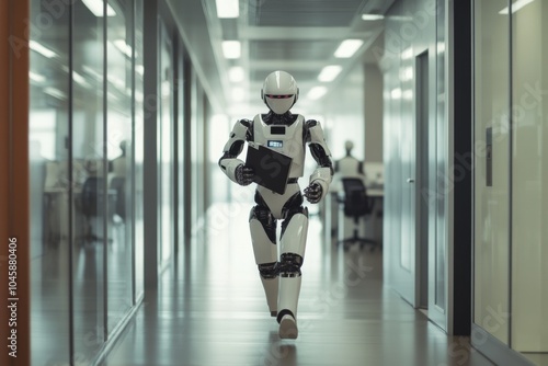 Futuristic office scene featuring a humanoid robot confidently walking down a sleek corridor, holding a digital tablet, embodying advanced technology in the workplace.