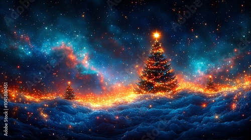 Cosmic Christmas landscape with glowing trees under a starry sky at twilight