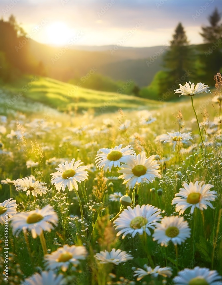 Blooming chamomile flowers in a sunlit meadow during a peaceful morning. Generative AI Blooming chamomile flowers in a sunlit meadow during a peaceful morning. Generative AI