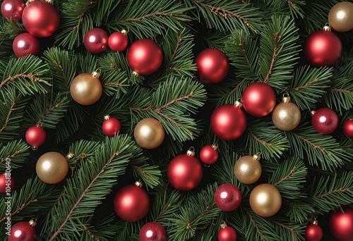 flat lay with pine tree branches with red and golden christmas balls isolated on red