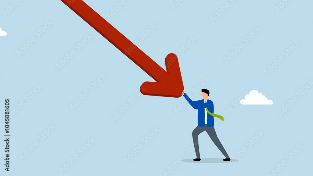 Resilience to survive investment crash, 4k animation of businessman exerting maximum effort to push downward falling arrow. Resilience to survive investment crash, 4k animation of businessman exerting maximum effort to push downward falling arrow.