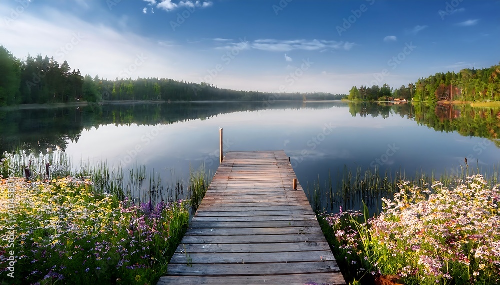 A tranquil Scandinavian lake at sunrise with a wooden dock surrounded by colorful wildflowers. Generative AI A tranquil Scandinavian lake at sunrise with a wooden dock surrounded by colorful wildflowers. Generative AI