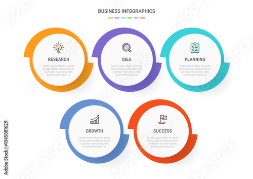 5 clean infographic design shaped elements template, symbolizing the five stages of business strategy and progression. Progress bar or timeline. Vector for presentation, web site or app.