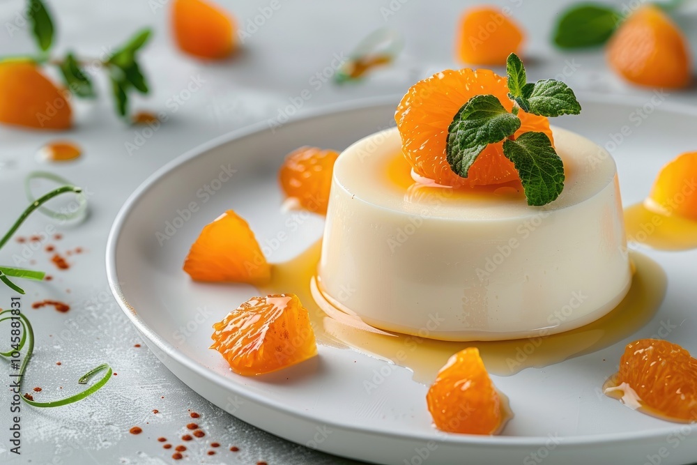 Fototapeta premium Panna cotta with tangerines. Creamy dessert with slices of orange on white plate. Desserts