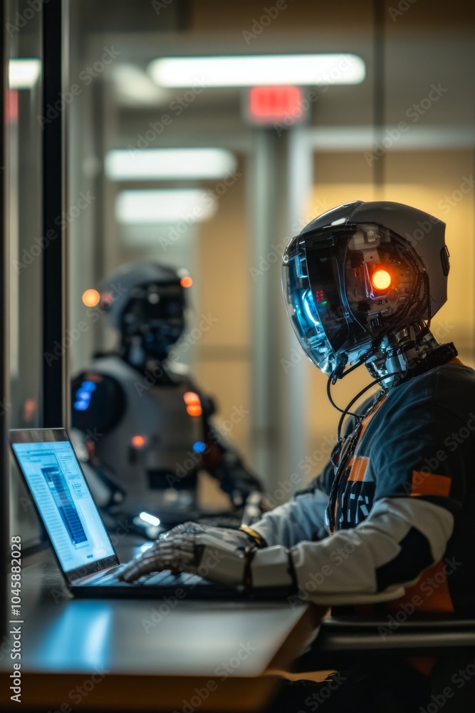 Futuristic robots collaborating in a modern workspace, one coding on a laptop, showcasing advanced technology and AI innovation in a sleek office environment. Futuristic robots collaborating in a modern workspace, one coding on a laptop, showcasing advanced technology and AI innovation in a sleek office environment.