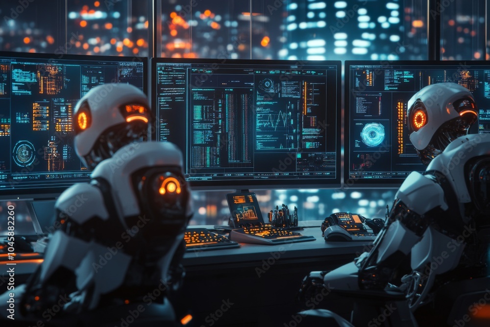 custom made wallpaper toronto digitalFuturistic Robots Monitoring Data on High-Tech Screens in a Neon-Lit Control Room, Showcasing Advanced Technology and AI Integration