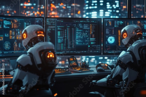 Wallpaper Mural Futuristic Robots Monitoring Data on High-Tech Screens in a Neon-Lit Control Room, Showcasing Advanced Technology and AI Integration Torontodigital.ca