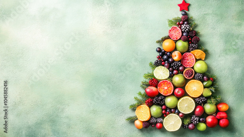 Christmas tree made of broccoli, cherry tomatoes and greens on light green background photo