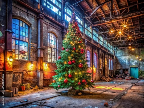 Urban Christmas Tree in Abandoned Warehouse - Festive Urban Exploration Photography