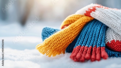 colorful knitted scarves in snow. Winter clothing and cozy accessories concept.