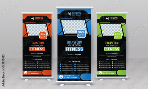 Fitness gym creative standee x rollup banner design vector template retractable bodybuilding advertisement signage