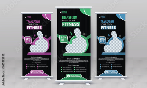 Fitness gym creative standee x rollup banner design vector template retractable bodybuilding advertisement signage