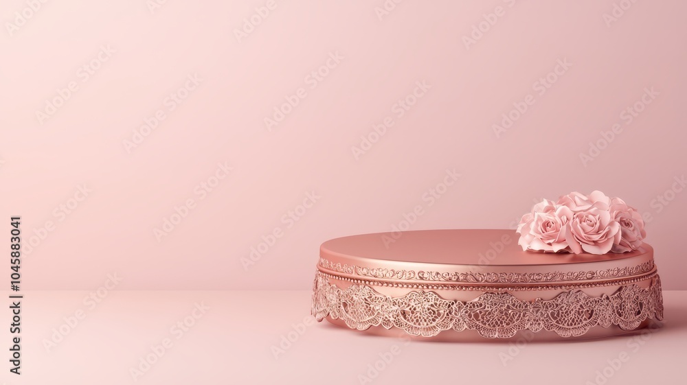 Elegant round box with floral decor on a soft pink background. Elegant round box with floral decor on a soft pink background.