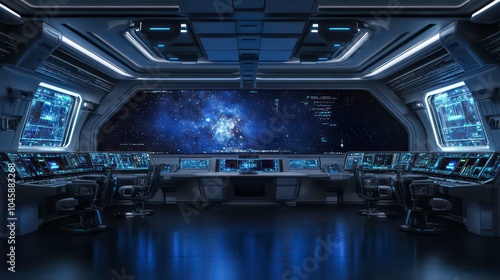 Fototapeta Naklejka Na Ścianę i Meble -  Futuristic spaceship bridge with a view of a nebula through the large window.