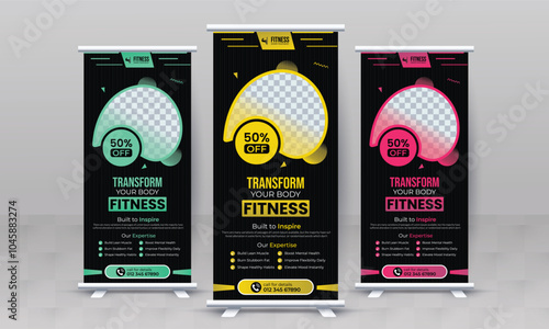 Fitness gym creative standee x rollup banner design vector template retractable bodybuilding advertisement signage