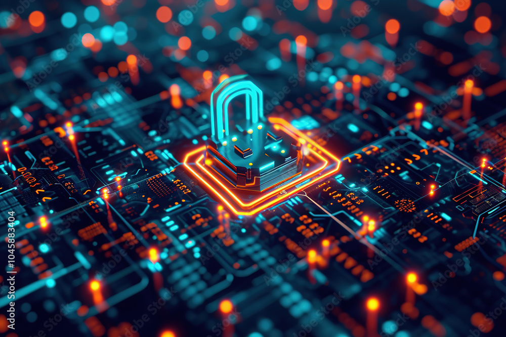 Cybersecurity Concept with Glowing Lock on Circuit Board in Futuristic Digital Environment Cybersecurity Concept with Glowing Lock on Circuit Board in Futuristic Digital Environment