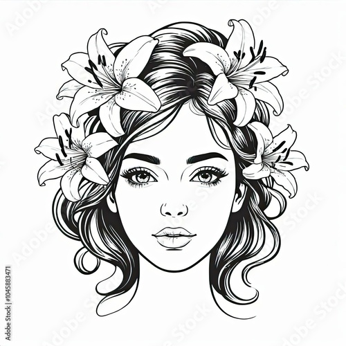 A black and white illustration of a woman with lilies in her hair