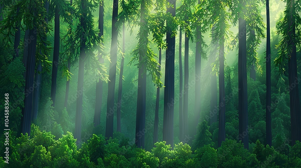 A foggy day's painting fills the canvas with dense greenery and golden light filtering through tree branches, casting shadows A foggy day's painting fills the canvas with dense greenery and golden light filtering through tree branches, casting shadows