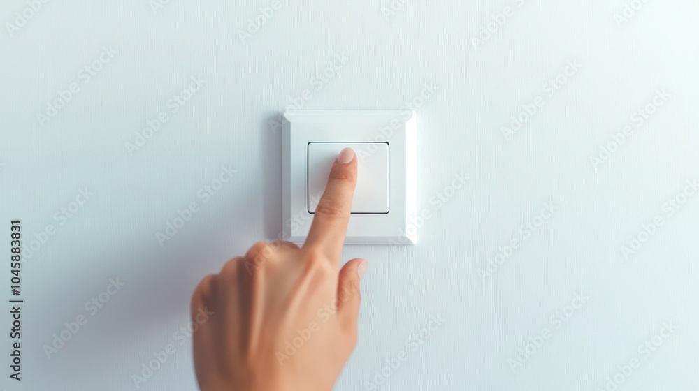 Finger pressing light switch on a white wall, indoor settings, modern design. Finger pressing light switch on a white wall, indoor settings, modern design.