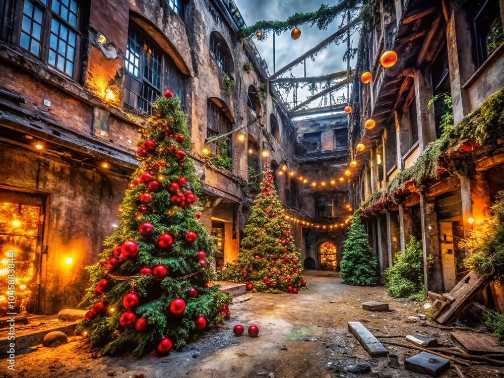 Obraz premium Urban Exploration of Ebony Christmas Decor in Abandoned City Spaces