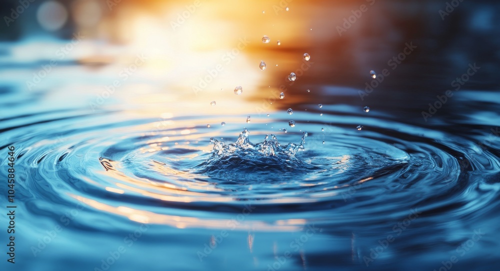 Water drop splashing in a blue pool with golden light reflecting on the surface, creating ripples. Water drop splashing in a blue pool with golden light reflecting on the surface, creating ripples.