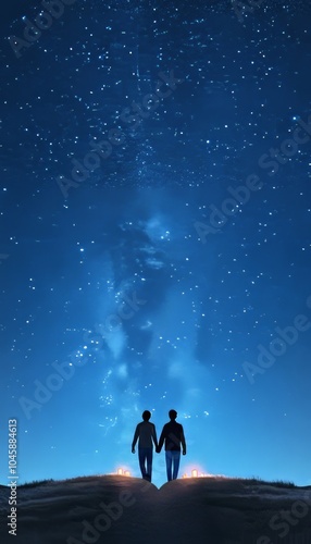 A couple holding hands under a starry night sky.