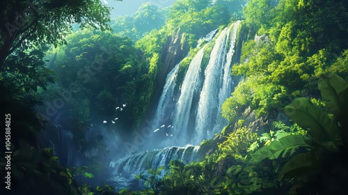 A picturesque waterfall cascades down a rocky cliff face, surrounded by lush greenery and mist. Birds soar through the air above the cascading water.