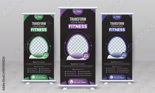 Fitness gym creative standee x rollup banner design vector template retractable bodybuilding advertisement signage